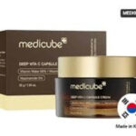 Medicube Deep Vita C Capsule Cream 55g dual-texture brightening cream jar K-beauty Vitamin C and Niacinamide cream for radiant, even skin tone Medicube Vitamin Capsule and transparent gel texture close-up Korean brightening face cream with Sea Buckthorn and Pure Vitamin C Medicube Deep Vita C skincare cream for glowing and youthful skin
