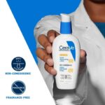 CeraVe AM Facial Moisturizing Lotion SPF 50 packaging Lightweight face moisturizer with SPF 50 sunscreen CeraVe sunscreen lotion texture on skin Hydrating facial moisturizer with ceramides and niacinamide Non-greasy SPF 50 face lotion for daily use