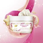 Dove Sugar Cookie Sprinkle Body Scrub jar with festive packaging Close-up of Dove vanilla sugar body scrub texture Woman using Dove body scrub in shower for glowing skin Dove holiday body scrub with sugar granules and creamy formula Dove Sugar Cookie scrub lifestyle image with cozy festive theme