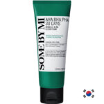 SOMEBYMI AHA BHA PHA Miracle Acne Clear Foam product tube Korean acne cleansing foam with exfoliating acids SOMEBYMI acne clear foam texture and lather AHA BHA PHA cleanser for pore care and sebum control Sensitive skin acne cleanser with TrueCICA ingredients